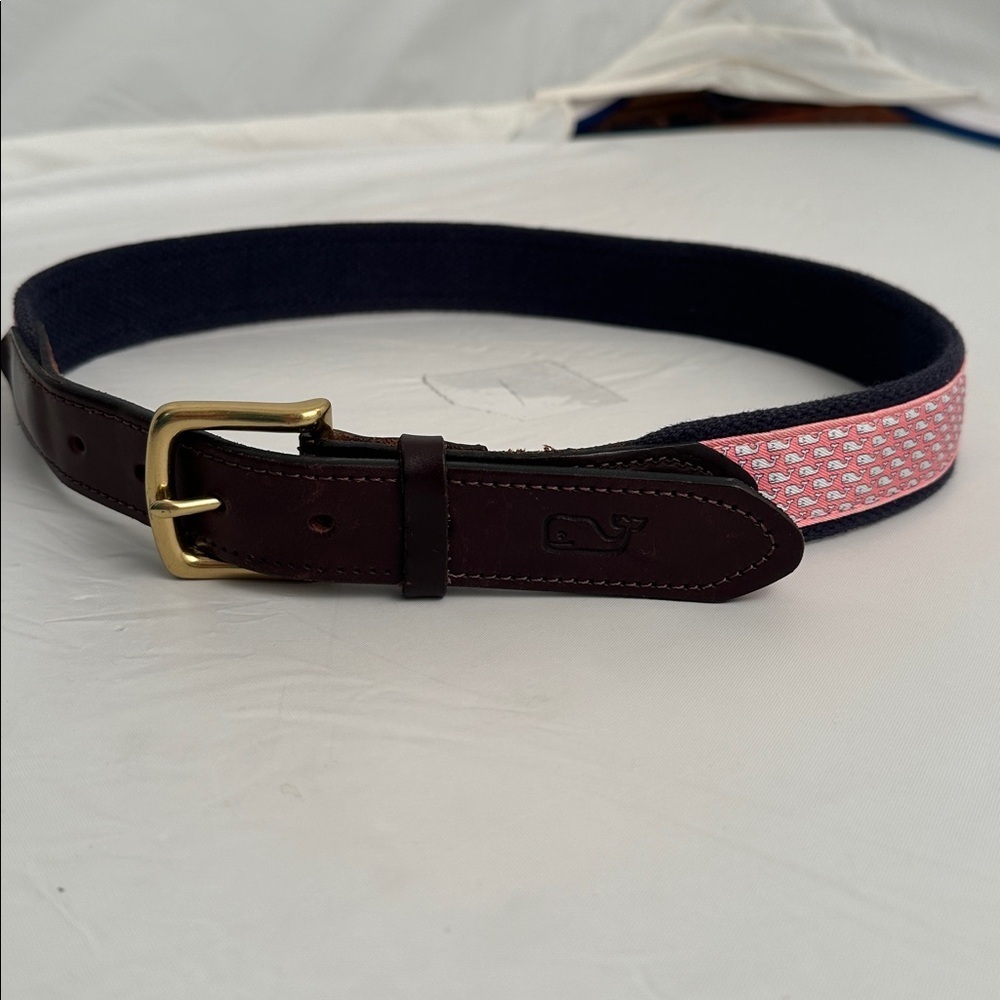 Vineyard Vines brown leather and whale print canvas club belt